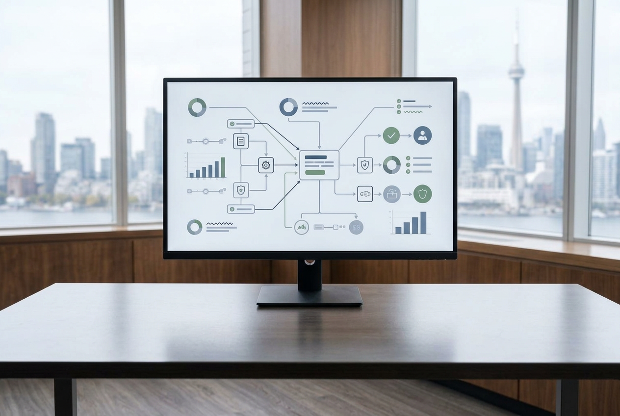 Desktop monitor displaying business graphs and an AI-enabled workflow in a bright modern office