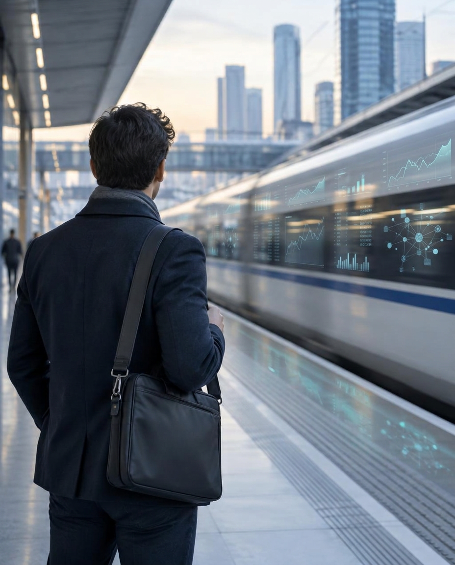 Over-the-shoulder view of a professional on a platform as a high-speed train passes, its windows glowing with data charts